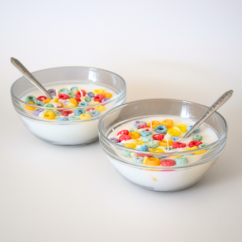 BROWNTOAST Cereal Candle — realistic handcrafted fruity-scented candle designed to look like a bowl of cereal. Comes in a reusable glass bowl with a metal spoon. Part of the Dopamine Decor lifestyle drop.