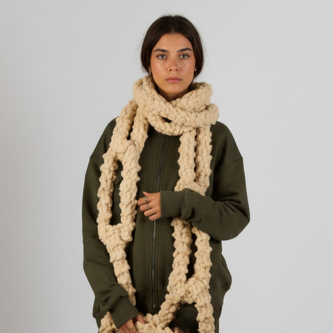 Handmade Chunky Chain Crochet Scarf by BROWNTOAST crafted from fuzzy yarn. Oversized chain design, soft and bold statement piece in three colorways.