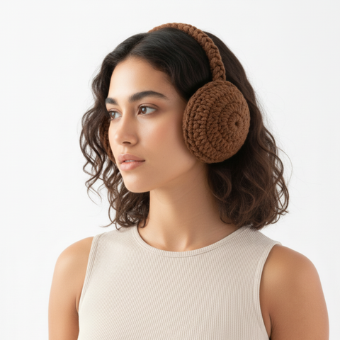 Handmade crochet earmuffs by BROWNTOAST crafted from soft yarn. Cozy, colorful winter accessory available in six unique colorways.
