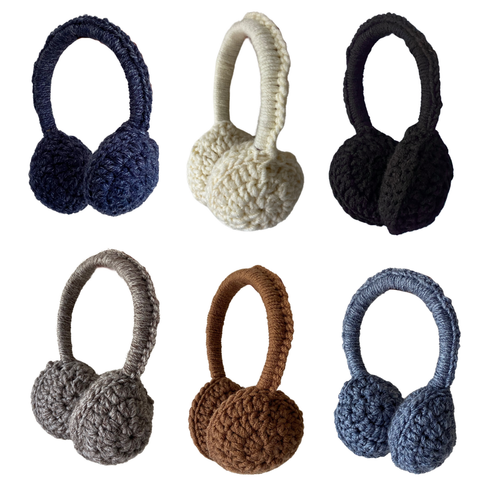 Handmade crochet earmuffs by BROWNTOAST crafted from soft yarn. Cozy, colorful winter accessory available in six unique colorways.