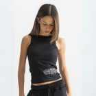 Women’s black ribbed fitted tank top in cotton-lycra with raw grunge-inspired side print.