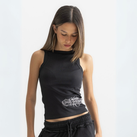 Women’s black ribbed fitted tank top in cotton-lycra with raw grunge-inspired side print.