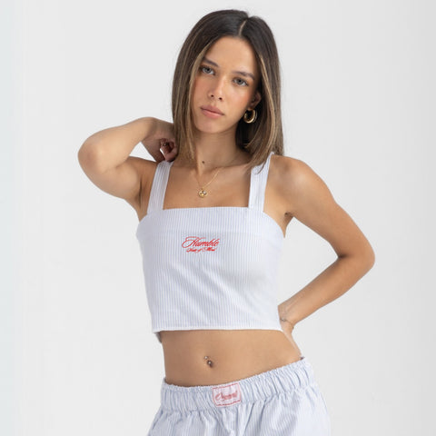 Striped Ocean Blue and White cropped cotton top with burgundy ‘Humble’ embroidery on front.