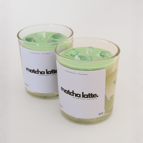 BROWNTOAST Matcha Latte Candle — realistic handcrafted vanilla-scented candle made to look like an iced latte. Part of the Dopamine Decor lifestyle drop.