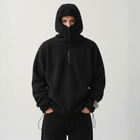 Model wearing the BROWNTOAST Anonymous Attire Polar Fleece Masked Hoodie — unisex fleece hoodie with full-zip masked hood, drop shoulders, patch detailing, and adjustable side clasps. Made in Egypt from 100% polar fleece for warmth and street-ready edge.