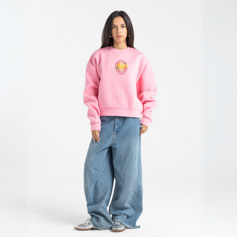 Sabah El Lamoon Morning Market sweatshirt – pink boxy midi cropped fit with colorful silk-screen front print, BTX x Nada Sultan