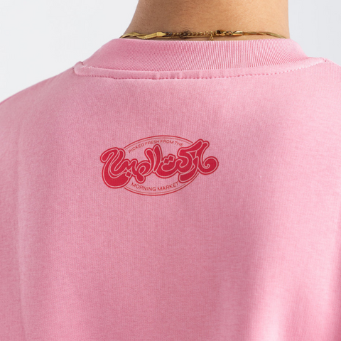 Sabah El Lamoon Morning Market sweatshirt – pink boxy midi cropped fit with colorful silk-screen front print, BTX x Nada Sultan