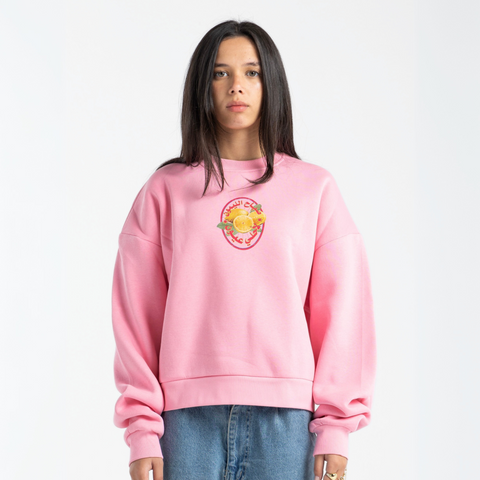 Sabah El Lamoon Morning Market sweatshirt – pink boxy midi cropped fit with colorful silk-screen front print, BTX x Nada Sultan