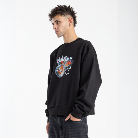 Sabah El Torshy Morning Market sweatshirt – black boxy midi cropped fit with colorful silk-screen front print, BTX x Nada Sultan