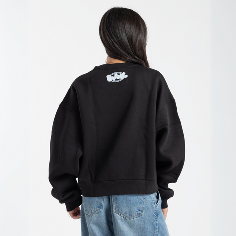 Sabah El Torshy Morning Market sweatshirt – black boxy midi cropped fit with colorful silk-screen front print, BTX x Nada Sultan