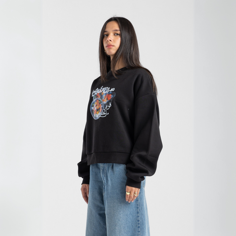 Sabah El Torshy Morning Market sweatshirt – black boxy midi cropped fit with colorful silk-screen front print, BTX x Nada Sultan