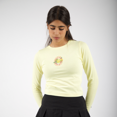 Sabah El lamoon Morning Market baby tee – in butter yellow with colorful silk-screen lemon front print, BTX x Nada Sultan