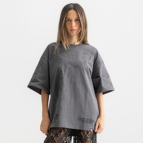 Unisex washed grey box-fit tee in heavyweight Egyptian cotton with skeletal spine and distorted ECHOES text on chest, abstract designs on back.