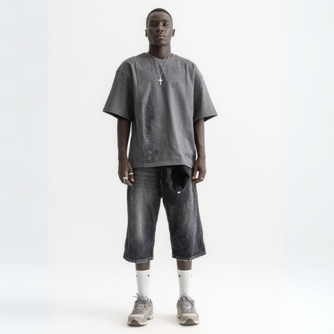 Unisex washed grey box-fit tee in heavyweight Egyptian cotton with skeletal spine and distorted ECHOES text on chest, abstract designs on back.