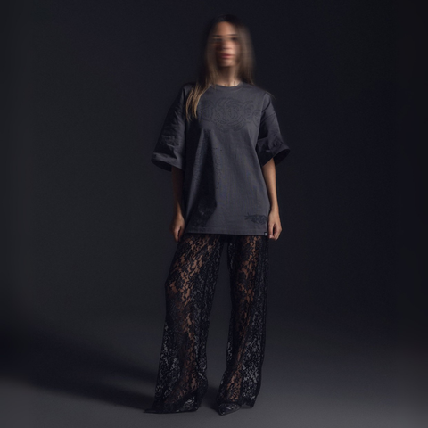 Unisex washed grey box-fit tee in heavyweight Egyptian cotton with skeletal spine and distorted ECHOES text on chest, abstract designs on back.