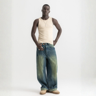 Men’s beige ribbed tank top, front view showcasing fitted silhouette and minimal design