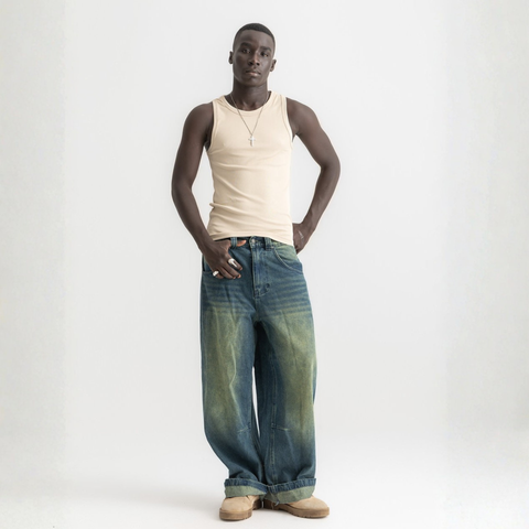 Men’s beige ribbed tank top, front view showcasing fitted silhouette and minimal design