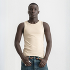 Men’s beige ribbed tank top, front view showcasing fitted silhouette and minimal design