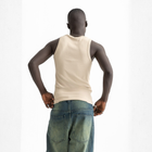 Men’s beige ribbed tank top, back view showcasing fitted silhouette and minimal design