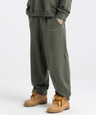 Model wearing the BROWNTOAST Core Barrel Sweats from the Core Drop — unisex cotton sweatpants in light grey with a relaxed barrel-shaped leg, elastic waistband, and side pockets. Made in Egypt for structured comfort and clean everyday style.