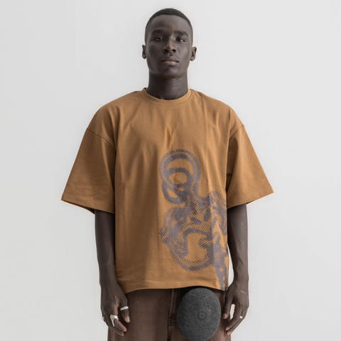 Unisex burnt brown box-fit tee with oversized distressed key graphic on the front