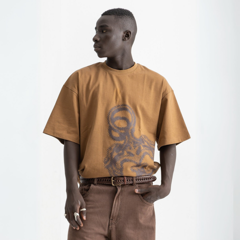 Unisex burnt brown box-fit tee with oversized distressed key graphic on the front