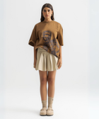 Unisex burnt brown box-fit tee with oversized distressed key graphic on the front