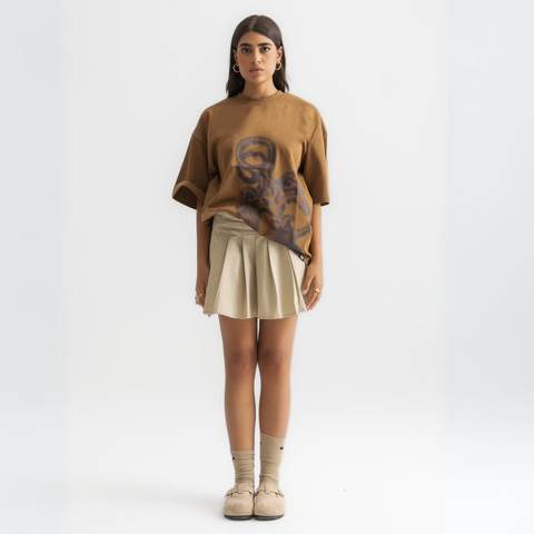 Unisex burnt brown box-fit tee with oversized distressed key graphic on the front