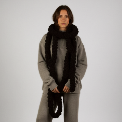 Handmade Chunky Chain Crochet Scarf by BROWNTOAST crafted from fuzzy yarn. Oversized chain design, soft and bold statement piece in three colorways.