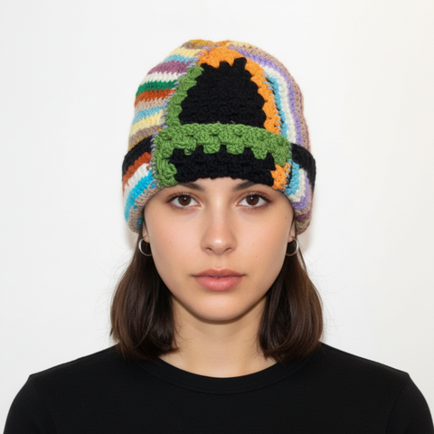 Unisex handmade Hobo Beanie by BROWNT0AST crafted from recycled scrap yarn. Colorful, eco-friendly, zero-waste design available in two colorways.
