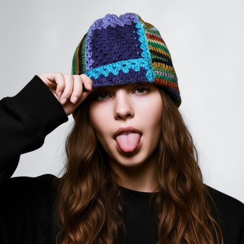 Unisex handmade Hobo Beanie by BROWNT0AST crafted from recycled scrap yarn. Colorful, eco-friendly, zero-waste design available in two colorways.