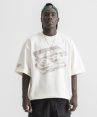 Unisex white box-fit tee in heavyweight Egyptian cotton with worn cassette tape graphic across the chest. and abstract equalizer design on back. 