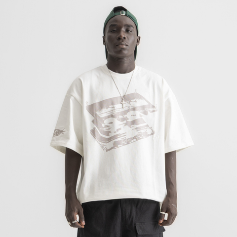 Unisex white box-fit tee in heavyweight Egyptian cotton with worn cassette tape graphic across the chest. and abstract equalizer design on back. 