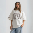 Unisex white box-fit tee in heavyweight Egyptian cotton with worn cassette tape graphic across the chest. and abstract equalizer design on back. 