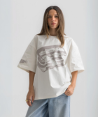 Unisex white box-fit tee in heavyweight Egyptian cotton with worn cassette tape graphic across the chest. and abstract equalizer design on back. 