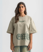 Unisex sage green box-fit tee with distressed BTO logo on chest and washed-out ENTROPY print wrapping from chest to back