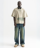 Unisex sage green box-fit tee with distressed BTO logo on chest and washed-out ENTROPY print wrapping from chest to back
