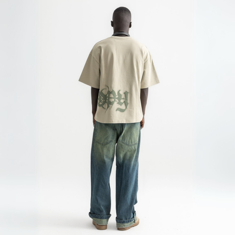 Unisex sage green box-fit tee with distressed BTO logo on chest and washed-out ENTROPY print wrapping from chest to back