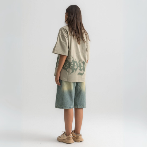 Unisex sage green box-fit tee with distressed BTO logo on chest and washed-out ENTROPY print wrapping from chest to back