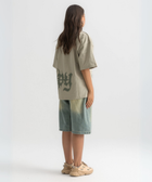 Unisex sage green box-fit tee with distressed BTO logo on chest and washed-out ENTROPY print wrapping from chest to back