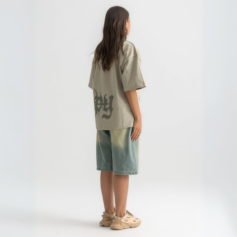 Unisex sage green box-fit tee with distressed BTO logo on chest and washed-out ENTROPY print wrapping from chest to back