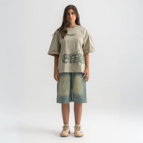 Unisex sage green box-fit tee with distressed BTO logo on chest and washed-out ENTROPY print wrapping from chest to back