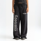Unisex black baggy sweatpants with chunky waistband, raw pocket detailing, and light grey grunge print.