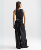 Unisex black baggy sweatpants with chunky waistband, raw pocket detailing, and light grey grunge print.