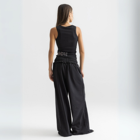 Unisex black baggy sweatpants with chunky waistband, raw pocket detailing, and light grey grunge print.