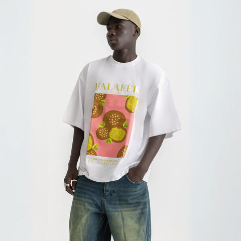 Oversized white t-shirt with bold Falafel illustration, 100% cotton.
