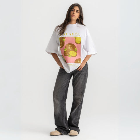 Oversized white t-shirt with bold Falafel illustration, 100% cotton.