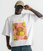 Oversized white t-shirt with bold Falafel illustration, 100% cotton.