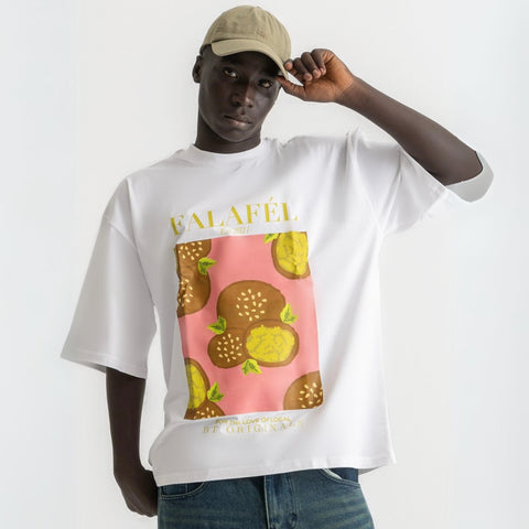 Oversized white t-shirt with bold Falafel illustration, 100% cotton.