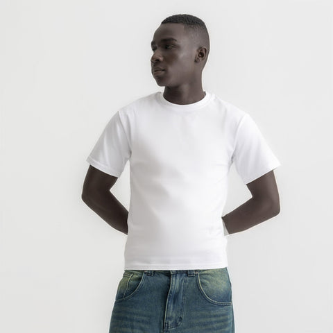 Men’s basic fitted t-shirt in white, front view showcasing slim fit and minimalist design